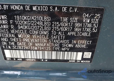 2025 Honda Hr-V Awd Ex-L from USA, damaged, VIN 3CZRZ2H73SM794125